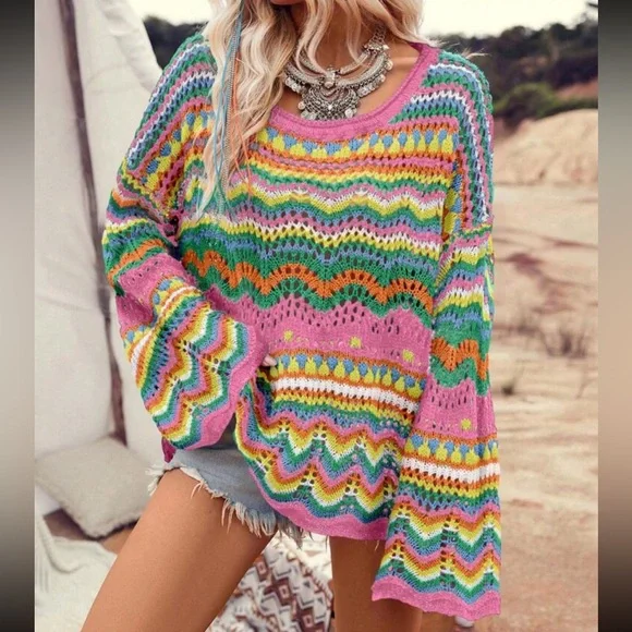 Boho Crocket Bell Sleeve Chevron Color Block Stripe Knit Sweater Top Blouse - Picture 6 of 8